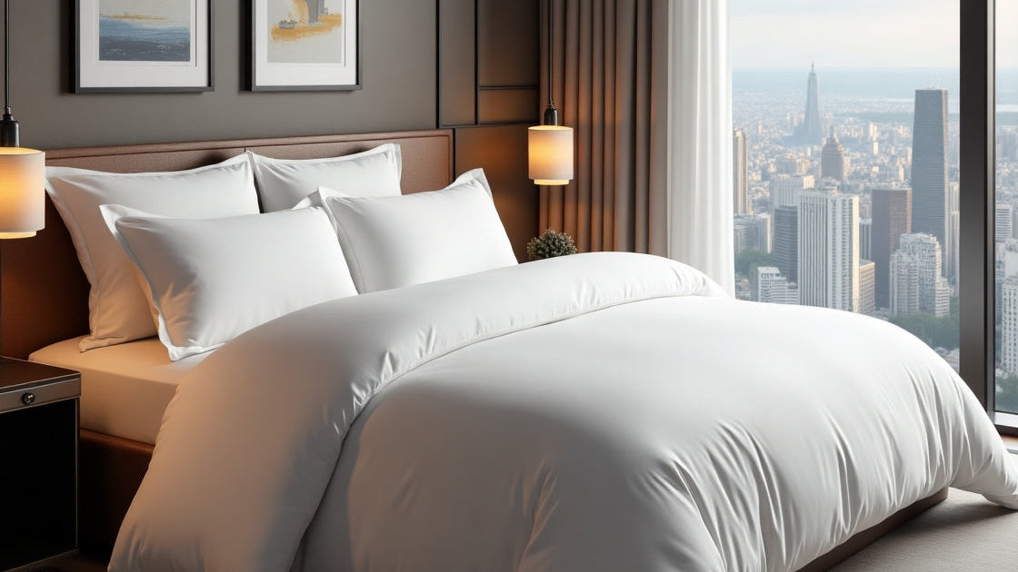 Modern bedroom with white bedding and cityscape view